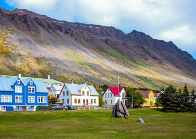 Isafjordur, Iceland, the houses in traditional style that overlook the Tungata square