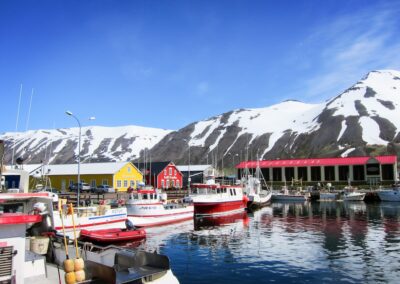 Boats in small harbour, snow-capped mountains in background