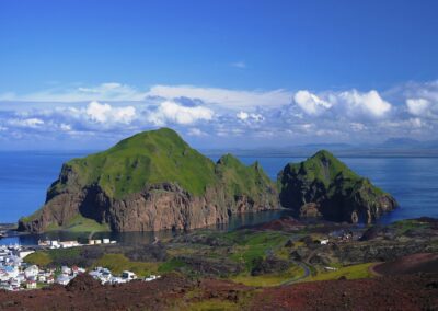 Panorama of Heimaey island and city at Vestmannaeyjar archipelago, Iceland