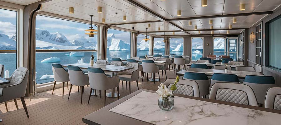Ocean Victory dining area showing Antarctica through the huge windows