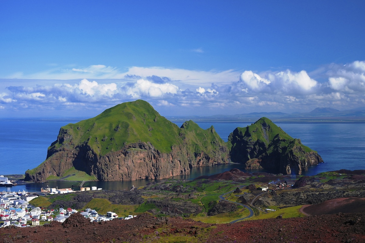 Panorama of Heimaey island and city at Vestmannaeyjar archipelago, Iceland